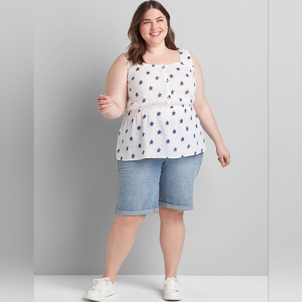 Lane Bryant Cotton No Peek Printed Button-Front Peplum
